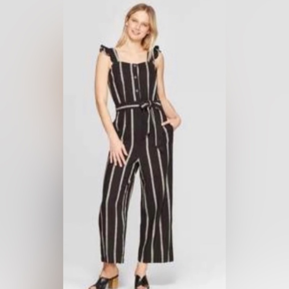 Who‎ What Wear Black Striped Crop Linen Jumpsuit, Sz XS, NWT